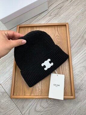 Celine Triomphe Ribbed Knit Beanie in Black